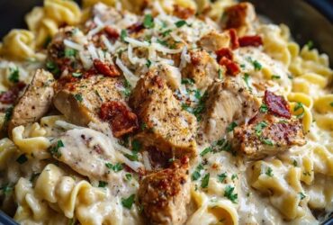 Chicken alfredo pasta on a white plate with creamy white sauce coating fettuccine ribbons, golden sliced grilled chicken on top, fresh parsley, parmesan shavings, black pepper