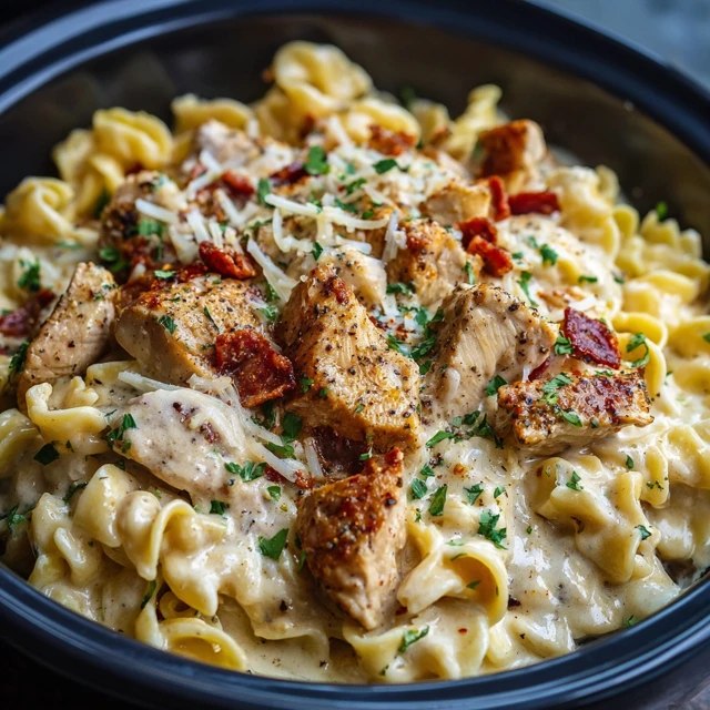 Chicken alfredo pasta on a white plate with creamy white sauce coating fettuccine ribbons, golden sliced grilled chicken on top, fresh parsley, parmesan shavings, black pepper