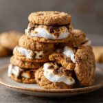 S'mores cookies on a wire rack with chewy golden tops, melted marshmallow puddles, chunks of chocolate, graham cracker pieces visible, toasted marshmallow on top