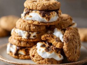 S'mores cookies on a wire rack with chewy golden tops, melted marshmallow puddles, chunks of chocolate, graham cracker pieces visible, toasted marshmallow on top