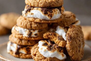 S'mores cookies on a wire rack with chewy golden tops, melted marshmallow puddles, chunks of chocolate, graham cracker pieces visible, toasted marshmallow on top