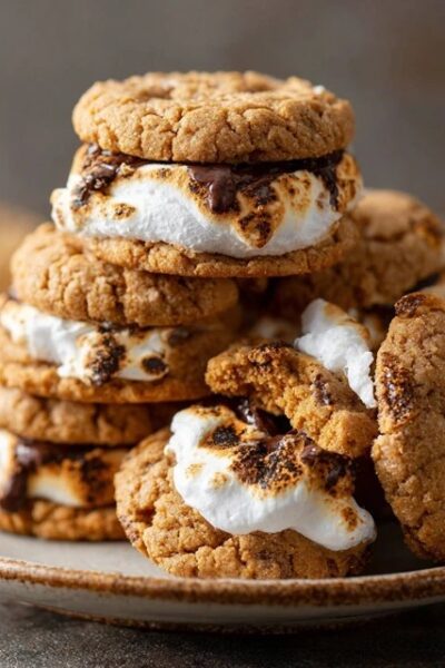 S'mores cookies on a wire rack with chewy golden tops, melted marshmallow puddles, chunks of chocolate, graham cracker pieces visible, toasted marshmallow on top