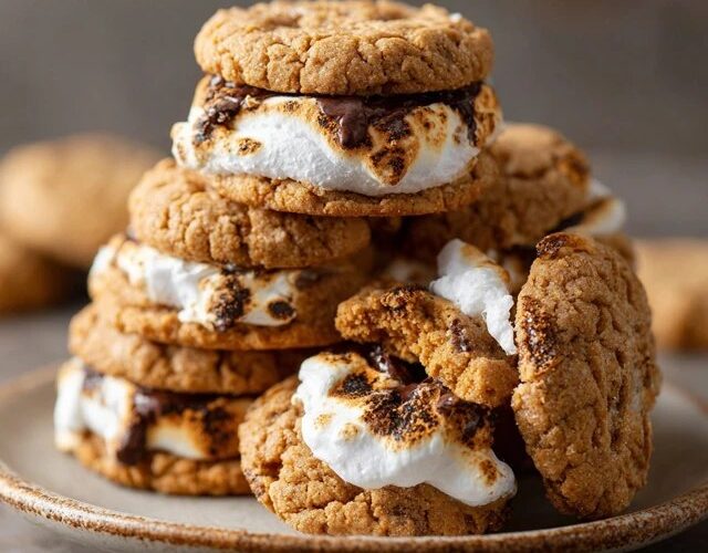 S'mores cookies on a wire rack with chewy golden tops, melted marshmallow puddles, chunks of chocolate, graham cracker pieces visible, toasted marshmallow on top