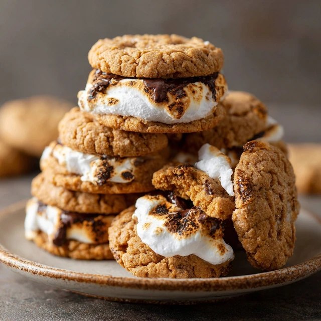 S'mores cookies on a wire rack with chewy golden tops, melted marshmallow puddles, chunks of chocolate, graham cracker pieces visible, toasted marshmallow on top