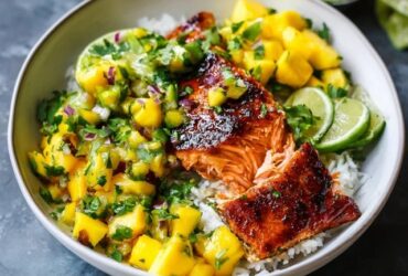 Mango salsa salmon bowl with crispy-skinned pan-seared salmon over white rice, bright orange mango salsa with red bell pepper, avocado slices, lime wedges, fresh cilantro