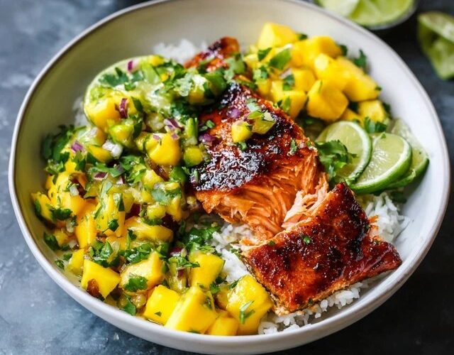 Mango salsa salmon bowl with crispy-skinned pan-seared salmon over white rice, bright orange mango salsa with red bell pepper, avocado slices, lime wedges, fresh cilantro