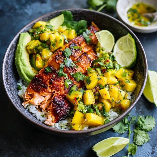 Close-up of salmon bowl showing flaky pink salmon, golden-crisp seared crust, chunky mango-red-onion-jalapeno salsa, creamy avocado fans, cilantro leaves on rice