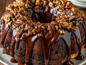 Chocolate pecan bundt cake on a white cake stand with glossy chocolate glaze dripping down the ridges, toasted pecan halves scattered on top, slice cut showing dark moist crumb studded with pecans