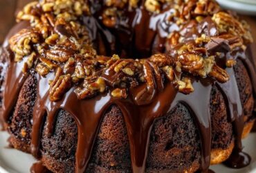 Chocolate pecan bundt cake on a white cake stand with glossy chocolate glaze dripping down the ridges, toasted pecan halves scattered on top, slice cut showing dark moist crumb studded with pecans
