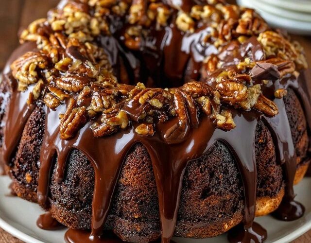 Chocolate pecan bundt cake on a white cake stand with glossy chocolate glaze dripping down the ridges, toasted pecan halves scattered on top, slice cut showing dark moist crumb studded with pecans
