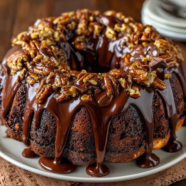 Chocolate pecan bundt cake on a white cake stand with glossy chocolate glaze dripping down the ridges, toasted pecan halves scattered on top, slice cut showing dark moist crumb studded with pecans