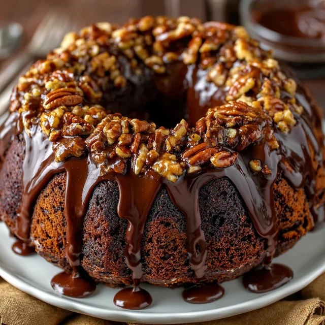Close-up of chocolate bundt cake slice on a plate, showing fudgy dark interior packed with chopped pecans, thick chocolate ganache pooling around, coffee cup beside