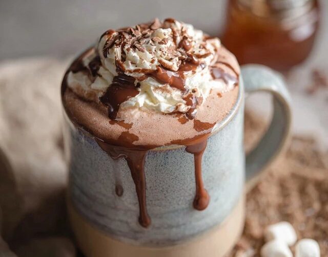 Two mugs of rich hot chocolate topped with towering swirls of fresh whipped cream, dusting of cocoa powder, chocolate shavings on top, marshmallows on the side, cozy wool blanket