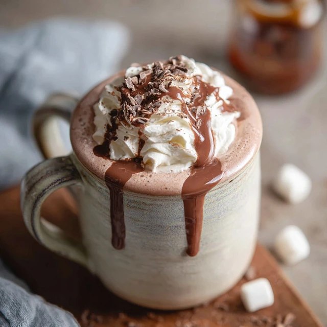 Close-up of a glass mug of hot chocolate showing deep dark cocoa liquid, cloud of whipped cream melting on top, chocolate curls falling onto the cream, cinnamon stick