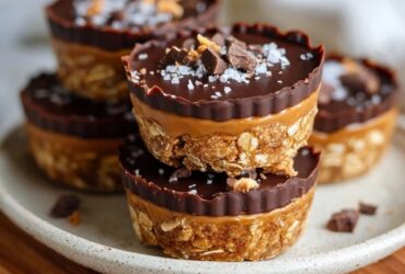 Chocolate caramel oat cups arranged on parchment paper, dark chocolate shells with golden caramel oozing from a bitten cup, oat-peanut-butter base visible, sea salt flakes on top