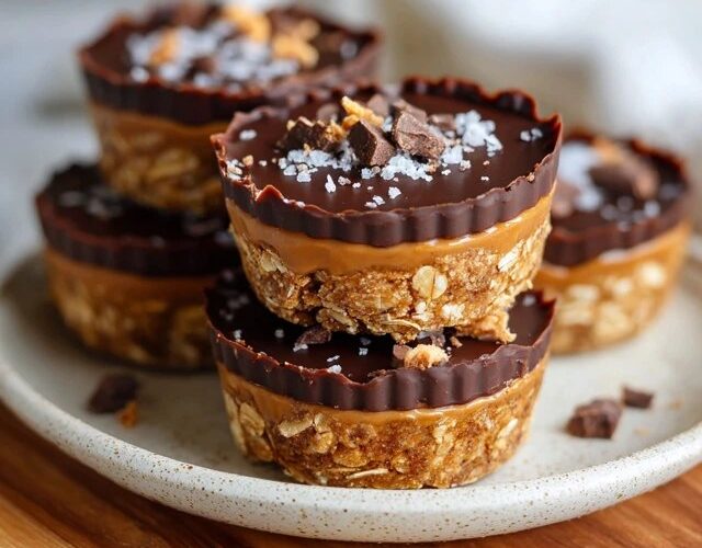 Chocolate caramel oat cups arranged on parchment paper, dark chocolate shells with golden caramel oozing from a bitten cup, oat-peanut-butter base visible, sea salt flakes on top