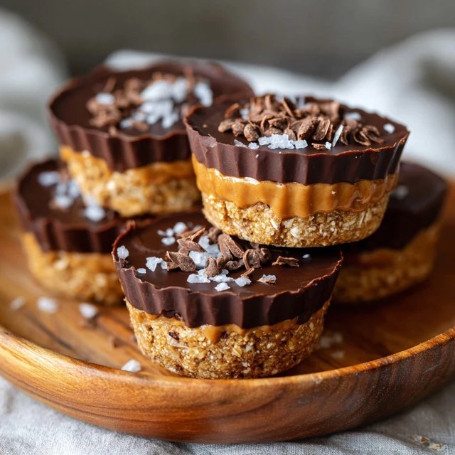 Close-up of a chocolate caramel oat cup cut in half, showing layers of chewy oat-peanut-butter base, gooey caramel middle, smooth dark chocolate top with flaky salt