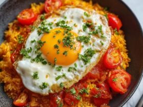 Tomato rice with fried egg in a shallow bowl, fluffy red-tinted rice with chunks of tomato, golden-edged fried egg with bright runny yolk on top, fresh parsley and basil, drizzle of olive oil