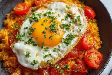 Tomato rice with fried egg in a shallow bowl, fluffy red-tinted rice with chunks of tomato, golden-edged fried egg with bright runny yolk on top, fresh parsley and basil, drizzle of olive oil
