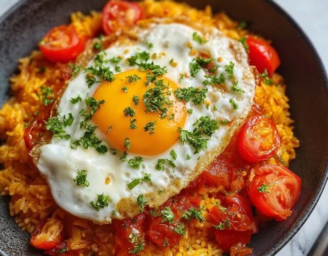 Tomato rice with fried egg in a shallow bowl, fluffy red-tinted rice with chunks of tomato, golden-edged fried egg with bright runny yolk on top, fresh parsley and basil, drizzle of olive oil