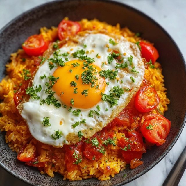 Tomato rice with fried egg in a shallow bowl, fluffy red-tinted rice with chunks of tomato, golden-edged fried egg with bright runny yolk on top, fresh parsley and basil, drizzle of olive oil