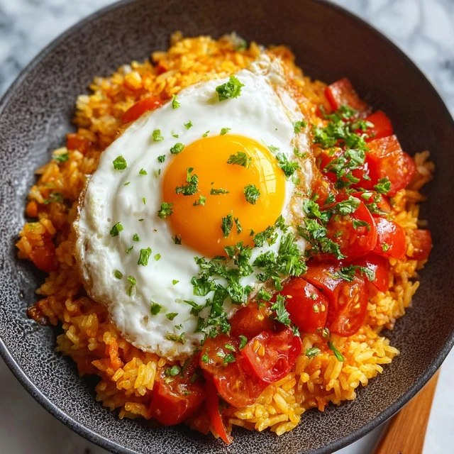 Close-up of tomato rice with fried egg breaking open, yellow yolk pouring over saffron-tinged rice, blistered cherry tomatoes, smoked paprika dusting, lemon wedge