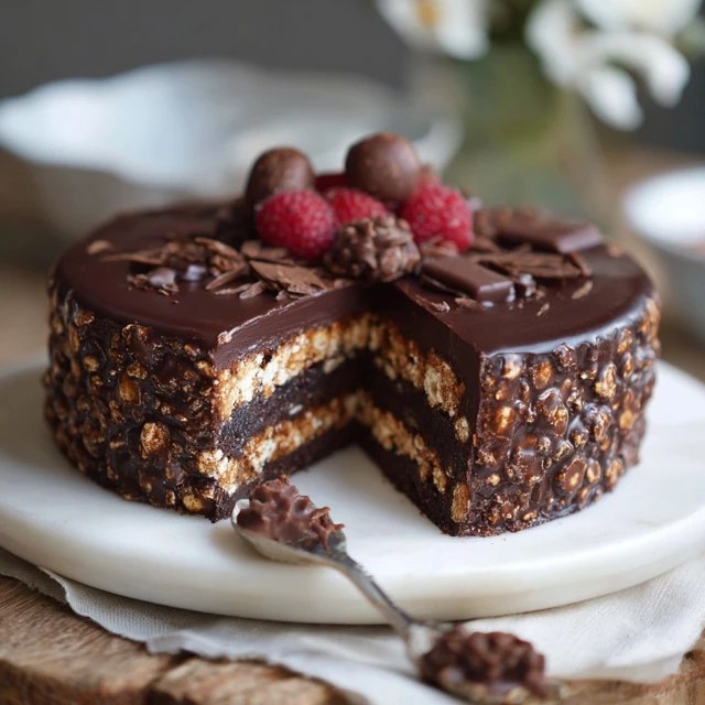 Close-up of a chocolate layer cake slice showing three impossibly moist dark chocolate layers, thick chocolate ganache frosting between each, glossy chocolate dripping