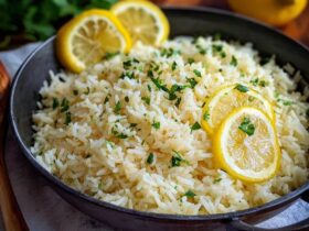 Lemon rice pilaf in a serving bowl, fluffy long-grain basmati flecked with lemon zest, golden toasted slivered almonds, chopped parsley, lemon wedges, butter pat melting