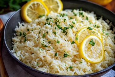 Lemon rice pilaf in a serving bowl, fluffy long-grain basmati flecked with lemon zest, golden toasted slivered almonds, chopped parsley, lemon wedges, butter pat melting