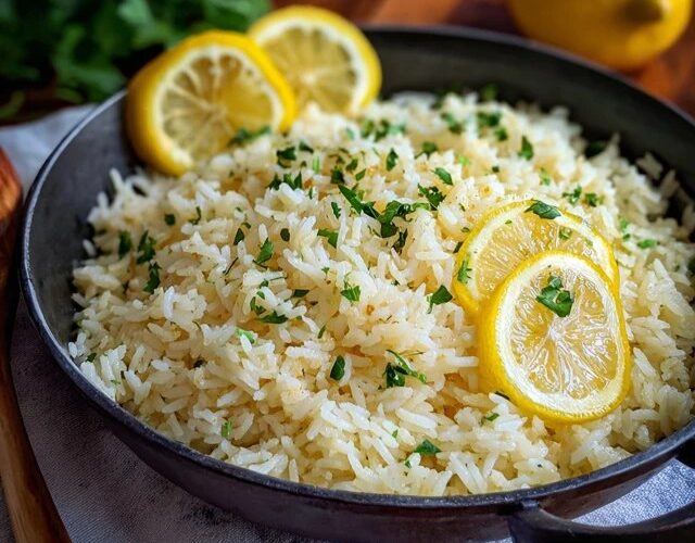 Lemon rice pilaf in a serving bowl, fluffy long-grain basmati flecked with lemon zest, golden toasted slivered almonds, chopped parsley, lemon wedges, butter pat melting