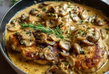 Creamy mushroom chicken skillet in a cast-iron pan, golden seared chicken thighs in luscious cream sauce with sliced mushrooms, garlic specks, fresh thyme sprigs, crusty bread for dipping