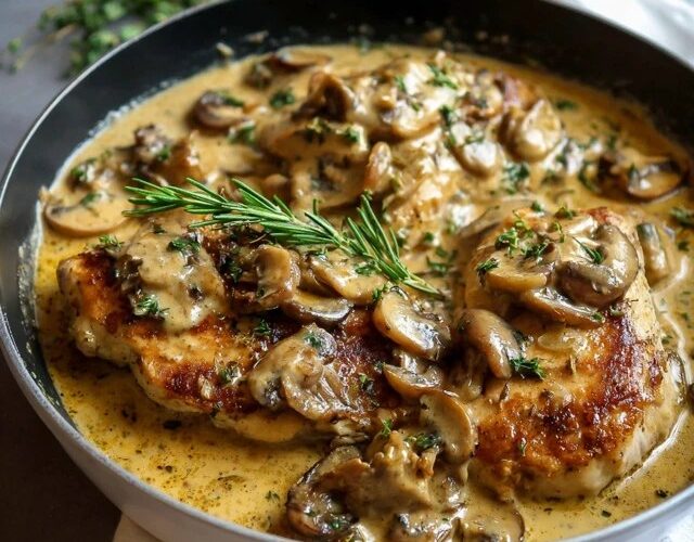 Creamy mushroom chicken skillet in a cast-iron pan, golden seared chicken thighs in luscious cream sauce with sliced mushrooms, garlic specks, fresh thyme sprigs, crusty bread for dipping