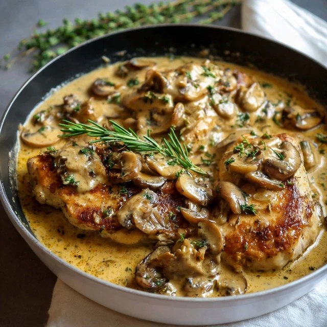 Creamy mushroom chicken skillet in a cast-iron pan, golden seared chicken thighs in luscious cream sauce with sliced mushrooms, garlic specks, fresh thyme sprigs, crusty bread for dipping