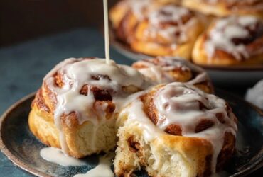 Cinnamon rolls with cream cheese icing in a baking dish, tall pillowy soft rolls with cinnamon-sugar swirls visible, thick white cream cheese glaze melting over warm tops, one roll lifted