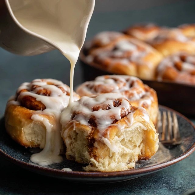 Close-up of a single cinnamon roll on a plate showing soft golden coiled layers, gooey cinnamon-brown sugar filling, generous cream cheese icing dripping, coffee mug
