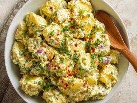 Classic potato salad in a white serving bowl, tender chunks of waxy potato coated in creamy dressing, diced hard-boiled egg, celery, dill pickle, red onion, fresh dill, paprika dusting