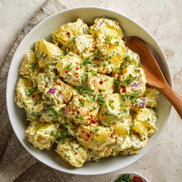 Classic potato salad in a white serving bowl, tender chunks of waxy potato coated in creamy dressing, diced hard-boiled egg, celery, dill pickle, red onion, fresh dill, paprika dusting