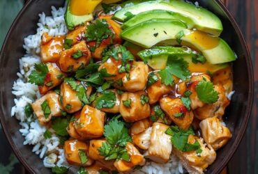 Teriyaki chicken rice bowl on a dark plate, glossy soy-glazed chicken thigh chunks over fluffy white rice, bright green steamed broccoli florets, toasted sesame seeds and sliced scallions on top, chopsticks resting beside