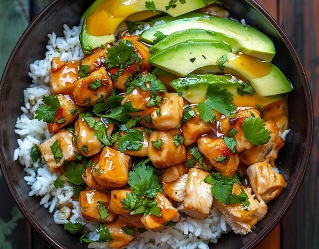 Teriyaki chicken rice bowl on a dark plate, glossy soy-glazed chicken thigh chunks over fluffy white rice, bright green steamed broccoli florets, toasted sesame seeds and sliced scallions on top, chopsticks resting beside