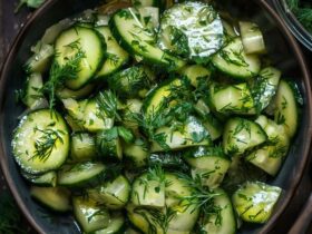 Cucumber dill salad in a white bowl, thin-sliced cucumber rounds tossed with creamy sour cream dressing, red onion slivers, plenty of fresh chopped dill, cracked black pepper, served on a wooden board
