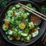 Asian smashed cucumber salad in a black bowl, chunky cucumber pieces with jagged edges glistening with sesame oil and soy sauce, minced garlic, toasted sesame seeds, red chili flakes, sliced scallions on top