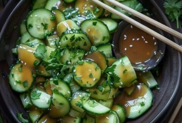 Asian smashed cucumber salad in a black bowl, chunky cucumber pieces with jagged edges glistening with sesame oil and soy sauce, minced garlic, toasted sesame seeds, red chili flakes, sliced scallions on top