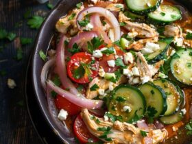 Chicken salad with vegetables in a white serving bowl, chunky shredded chicken mixed with diced celery, carrot, red bell pepper, red onion, all coated in creamy dressing, parsley and chives on top, served on butter lettuce leaves