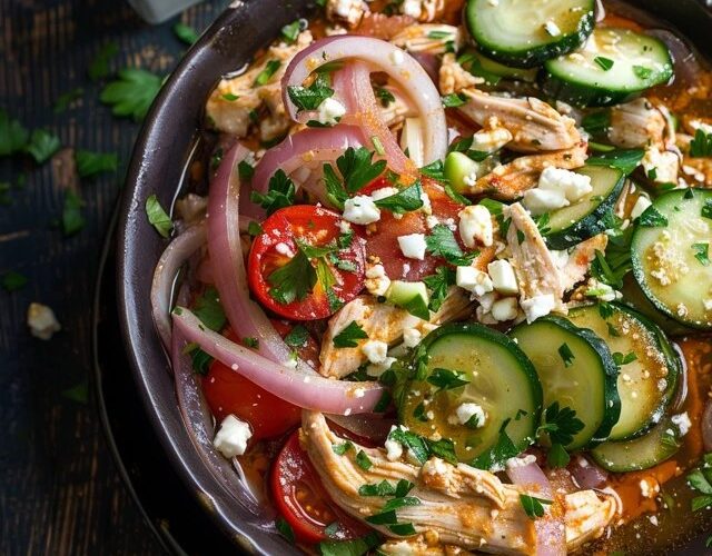 Chicken salad with vegetables in a white serving bowl, chunky shredded chicken mixed with diced celery, carrot, red bell pepper, red onion, all coated in creamy dressing, parsley and chives on top, served on butter lettuce leaves