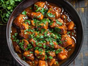 Sweet and sour chicken on a white plate, golden-crispy battered chicken pieces coated in glossy red-orange sauce, chunks of pineapple, red and green bell pepper, white onion, sesame seeds, jasmine rice on the side