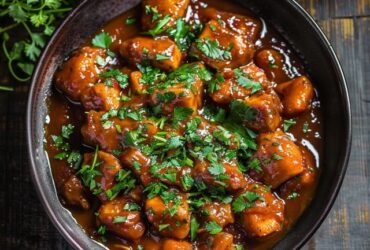 Sweet and sour chicken on a white plate, golden-crispy battered chicken pieces coated in glossy red-orange sauce, chunks of pineapple, red and green bell pepper, white onion, sesame seeds, jasmine rice on the side