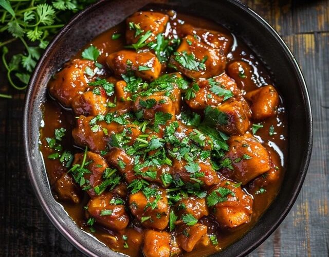 Sweet and sour chicken on a white plate, golden-crispy battered chicken pieces coated in glossy red-orange sauce, chunks of pineapple, red and green bell pepper, white onion, sesame seeds, jasmine rice on the side