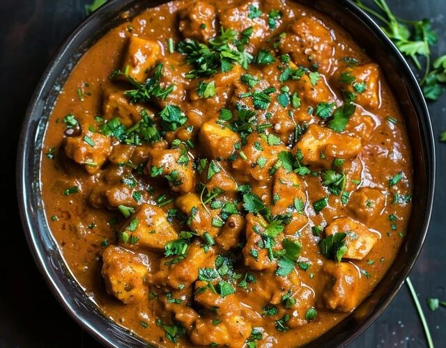 Chicken curry in a copper karahi pan, bone-in chicken pieces in deep orange-red tomato-onion gravy with visible spice flecks, cilantro garnish, basmati rice and naan on the side