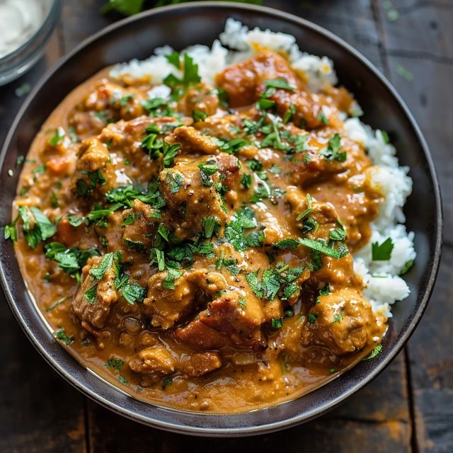 Close-up of chicken curry showing tender chicken thigh in glossy orange-red gravy, swirl of cream on top, fresh cilantro leaves, sliced green chilies, oil shimmering on the surface