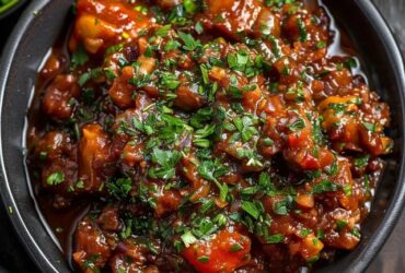 Vegetable manchurian gravy in a black bowl, golden-fried vegetable balls floating in glossy dark-red gravy with onion bell pepper specks, scallion garnish, fried rice in a small bowl beside
